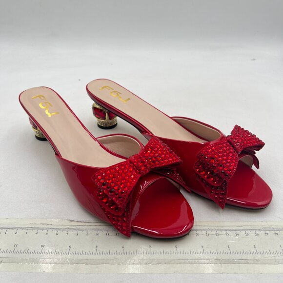 FSJ Red Low Heel Rhinestone Bow Mule Sandals Peep Toe Crystal Block Heel Slipper - Picture 4 of 8